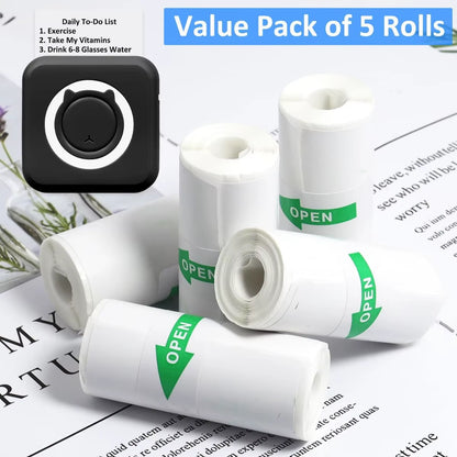 Enhance Your Printing Experience with 5 Rolls of Thermal Adhesive Sticker Paper - 57x25mm, Inkless Black on White for Mini Printers and POS Receipts