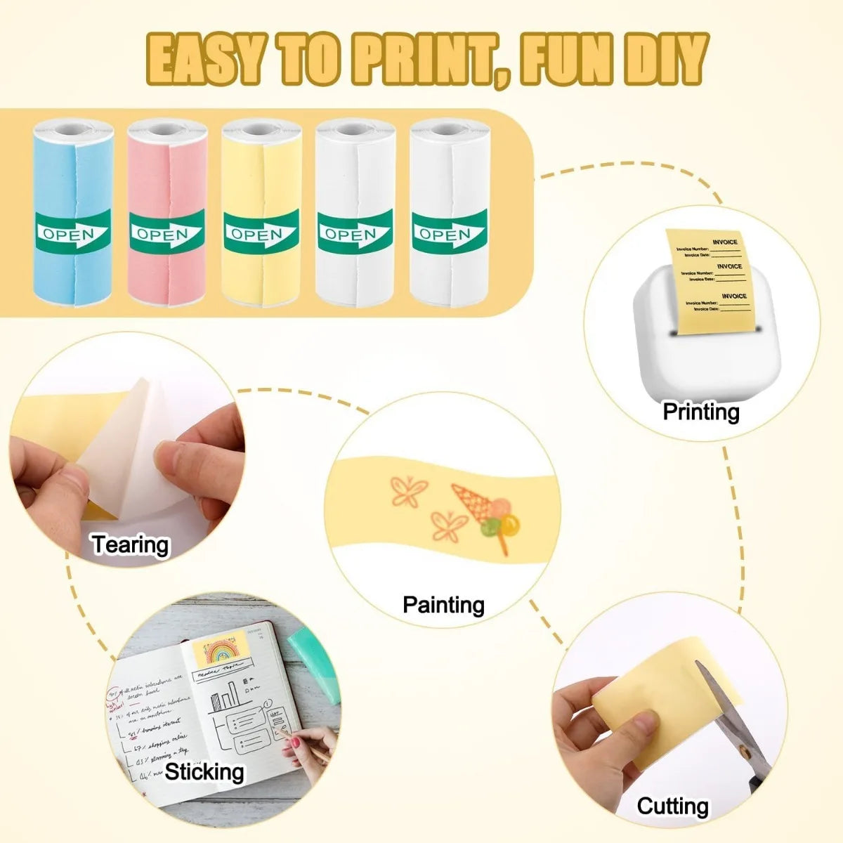 Vibrant Thermal Photo Printing Sticker Paper - Self-Adhesive 57x25mm for Portable Printers & Instant Cameras in Pink, Blue, Yellow, and White